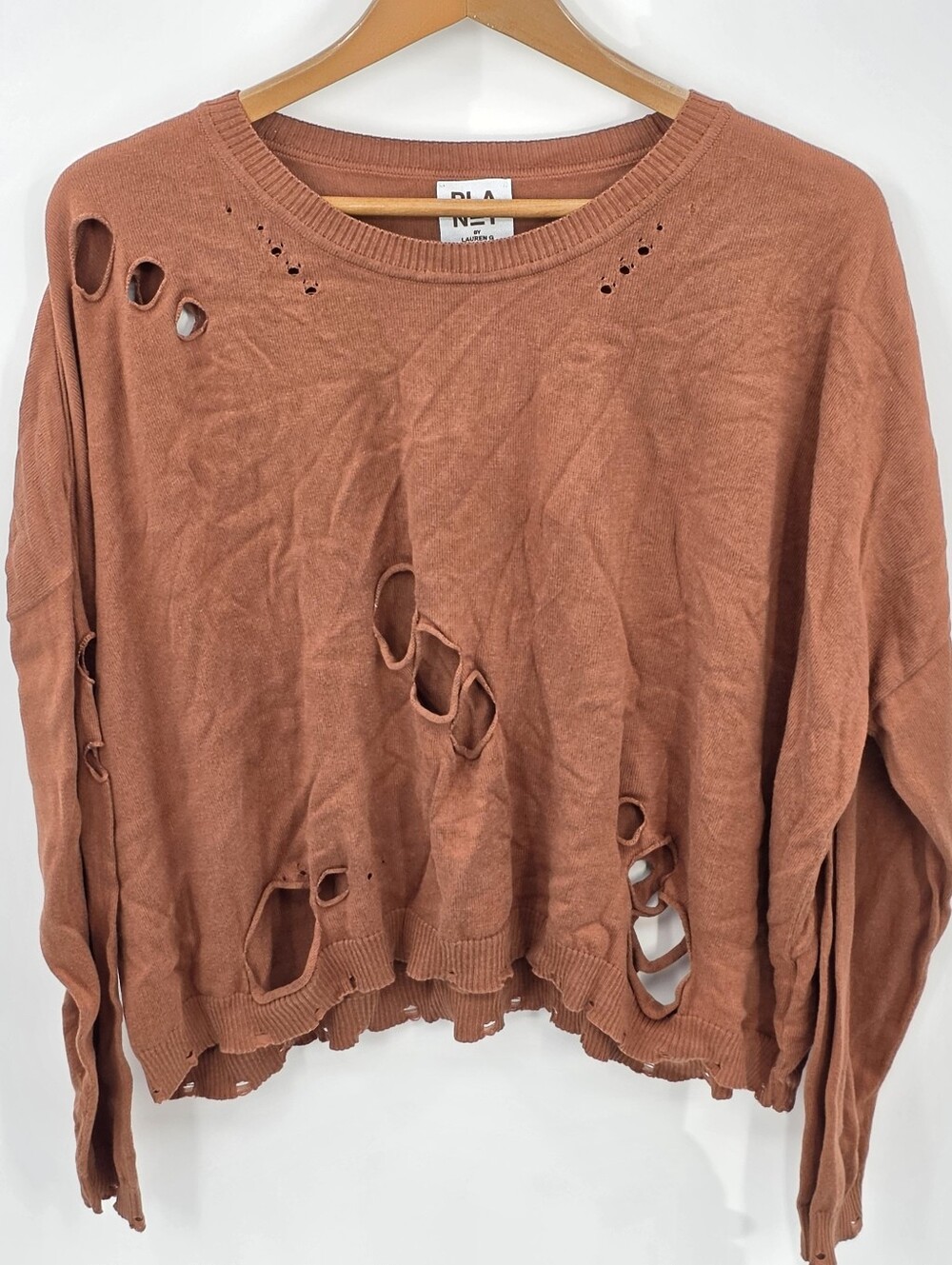 Planet by Lauren G Distressed Holey Sweater Grunge Relaxed Orange Edgy Sz OS